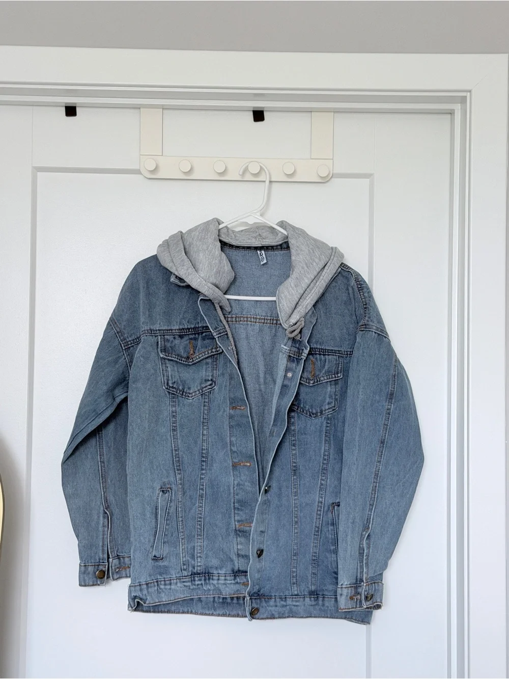 Light Wash Denim Jacket with Attached Gray Hood - new without tag - never worn